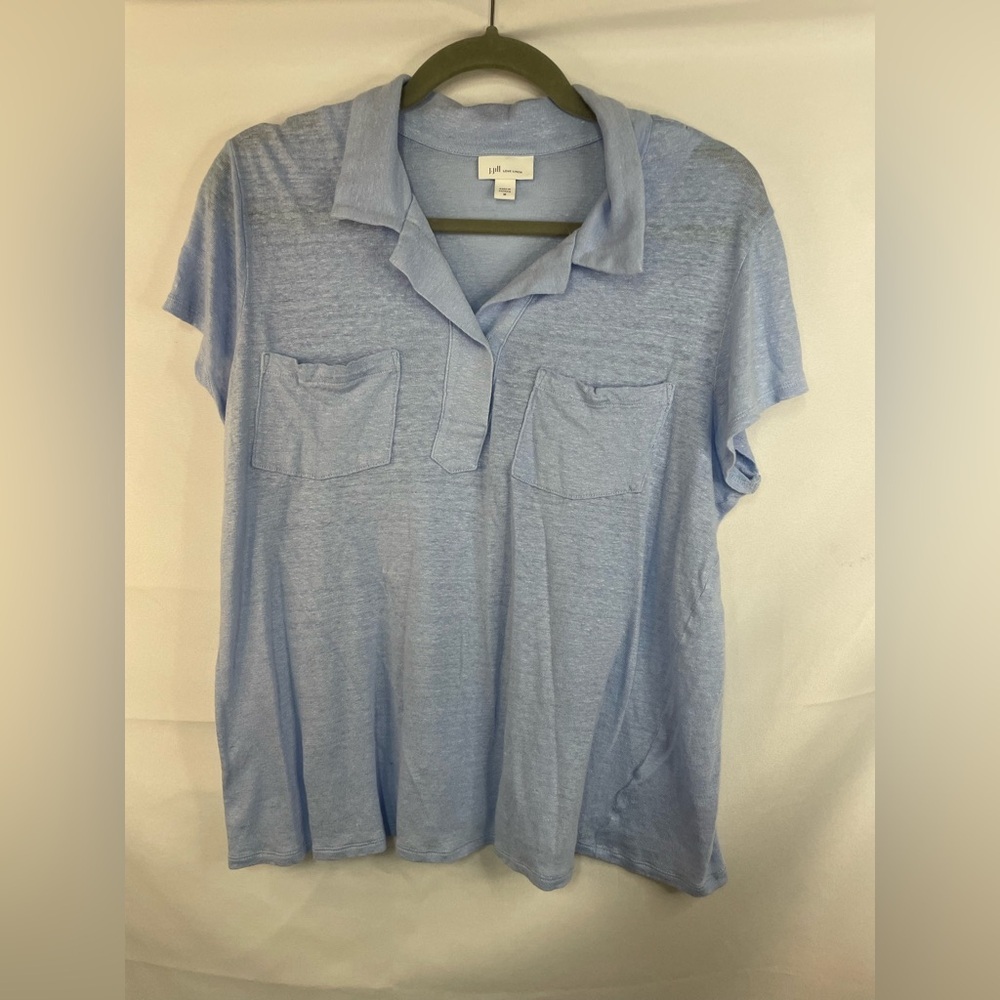 J Jill light blue linen collared shirt. This is heathered and it weight
